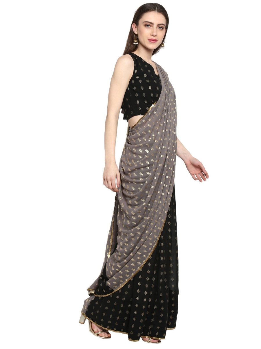 Ahalyaa Women's Black Georgette Foil Print Ready to Wear Saree | Grocsy