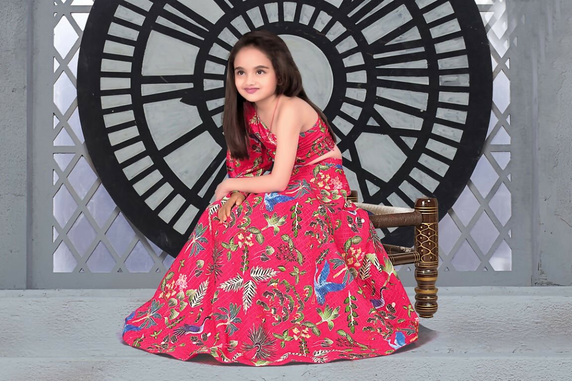 Aayaa Designer Printed Chinon Crochet Sequance Pink Kids Lehenga Choli - Pink | Grocsy