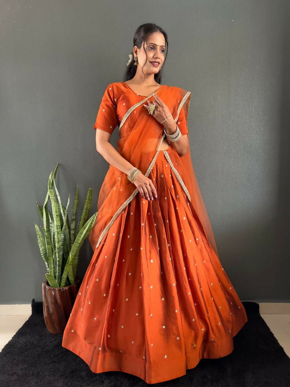 Teeya Creation New Trendy Stylist South Style Lehenga Choli Set - Orange | Grocsy