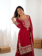 Lehenga Mart Designer Sharara Suit With Kurta, Sharara, Dupatta For Women-Red | Grocsy
