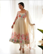 Joban Fashion Cream Kurta Set Organza Sequin Embroidery Work | Grocsy