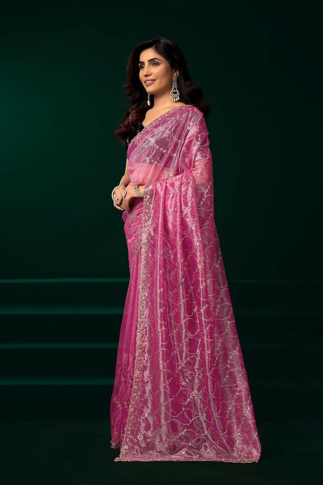 Joban Fashion Pink Net Party Wear Sarees | Grocsy