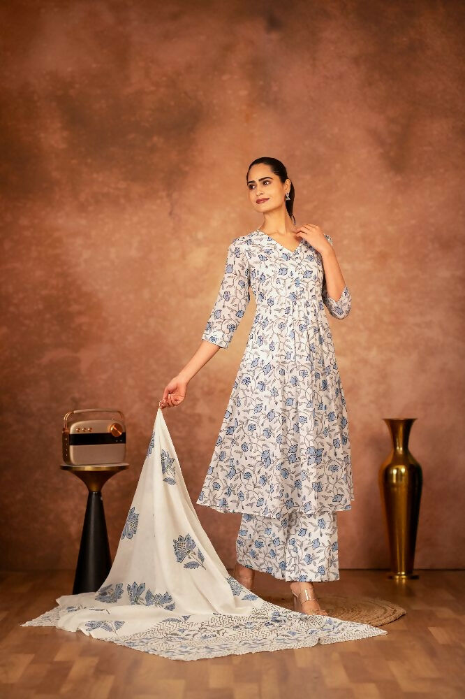Joban Fashion Blue Hand Block Printed Cotton Suit Set | Grocsy