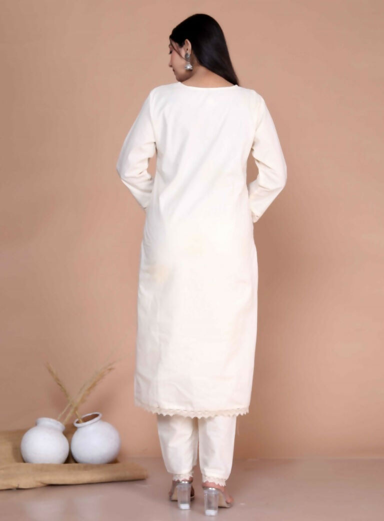 Miravan Women's Cream Hand Block Cotton Pakistani Kurta Palazzo With Dupatta Set | Grocsy