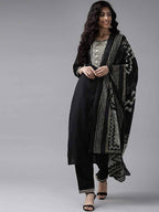 Yufta Women Black & Beige Yoke Design Kurta with Trouser & Dupatta | Grocsy