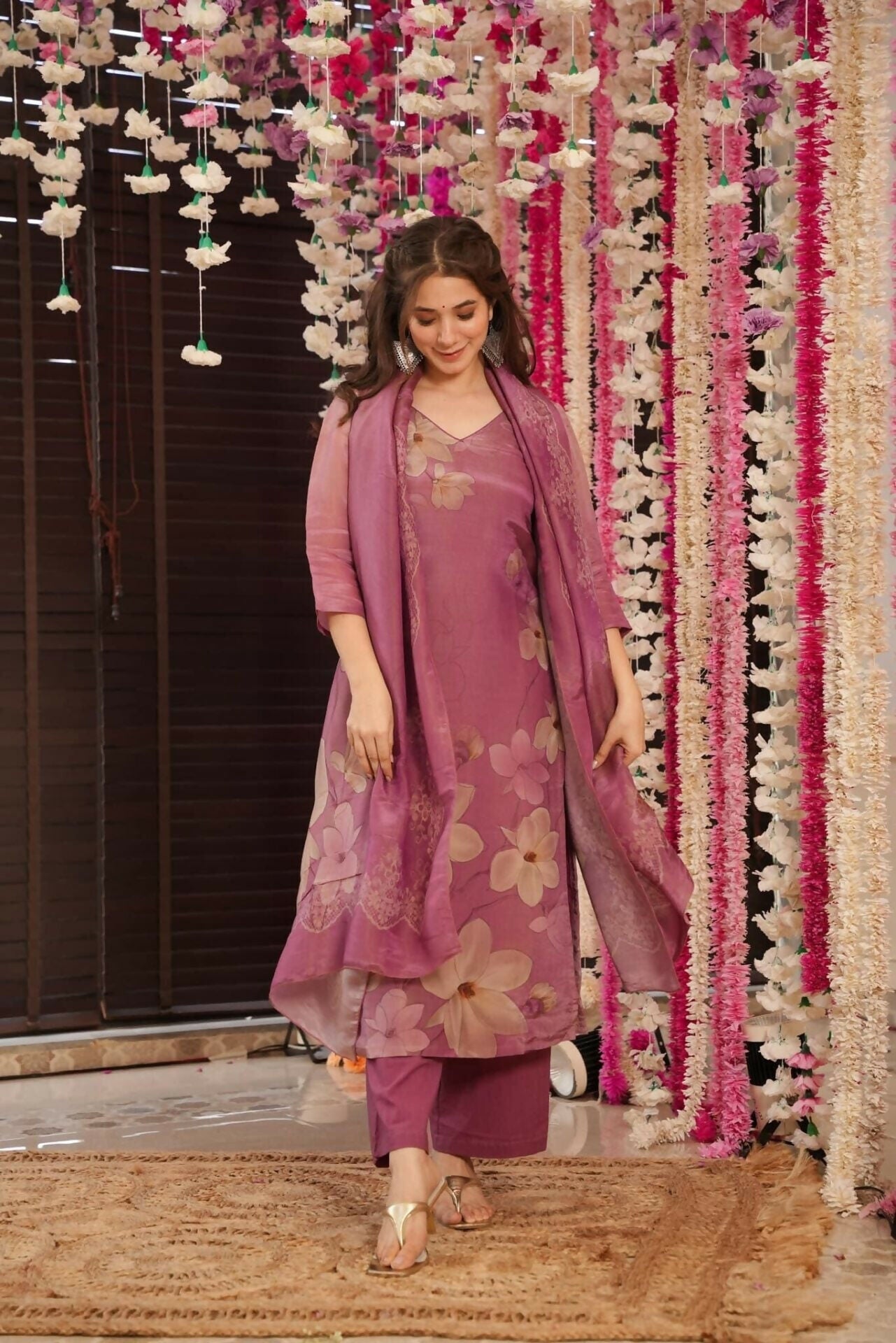 The52 Onion Gorgeous Floral Printed Zarna Silk Fabric Straight Kurta Pant with Dupatta Set | Grocsy
