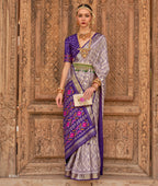 Grey Silk Geometric Printed Saree With Unstitched Blouse Piece - Aanchal | Grocsy