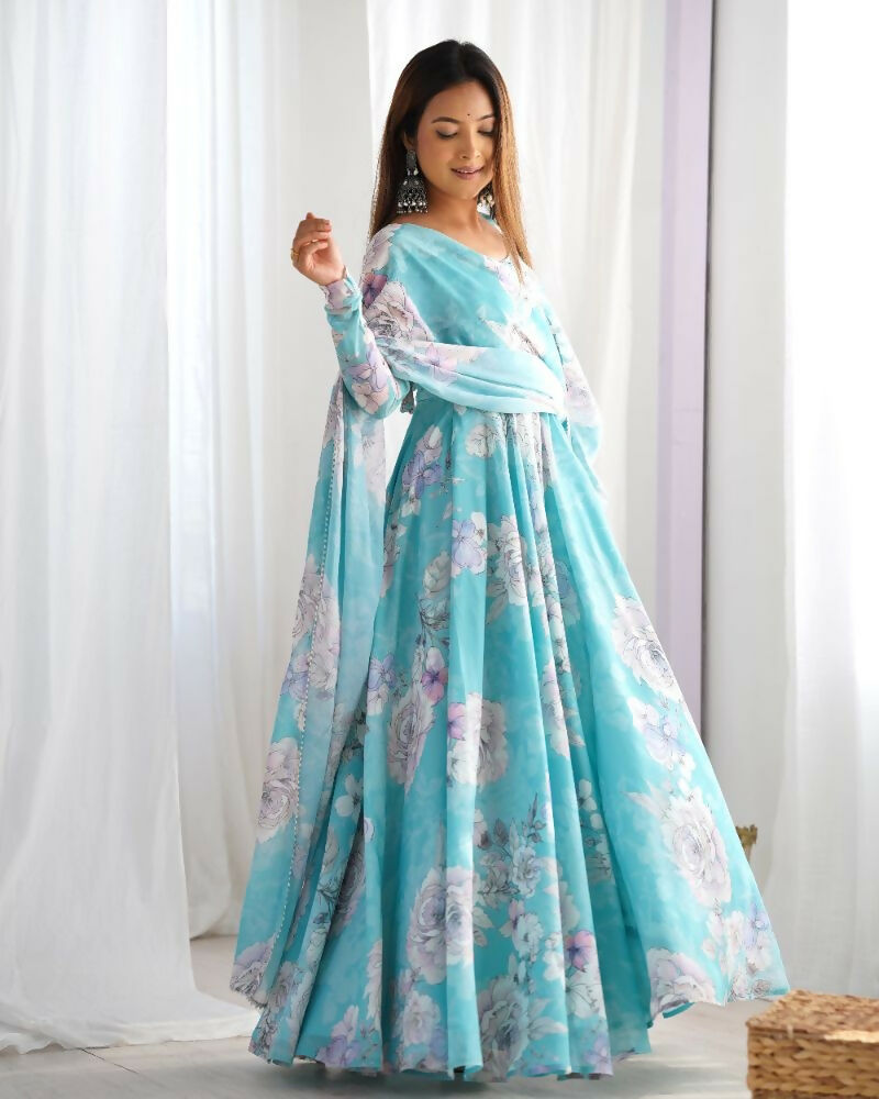 The52 Women's Gorgeous Printed Fox Georgette Fabric Flared Anarkali and Dupatta Set | Grocsy