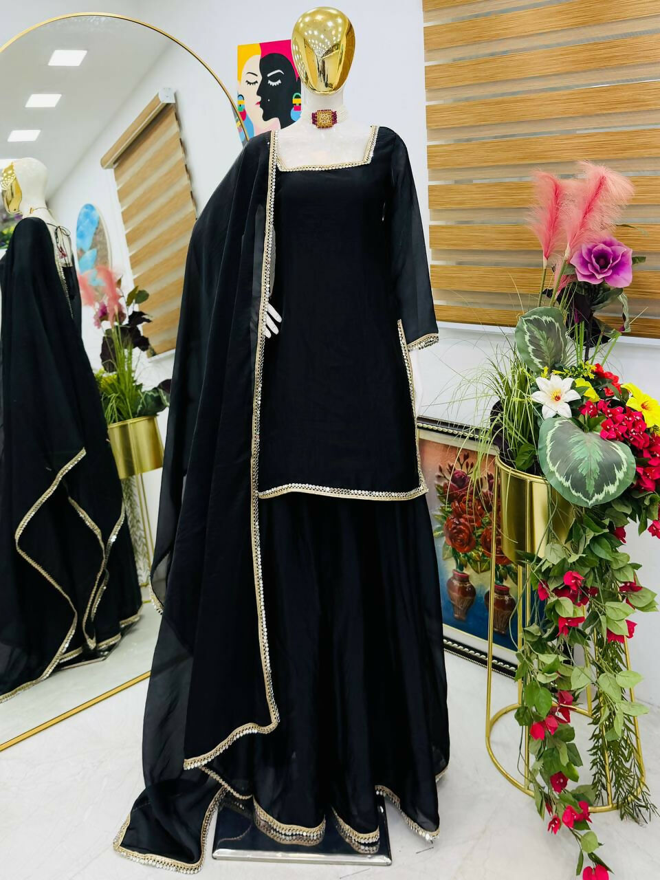 Teeya Creation Womens New Trending Less and Mirror Work Kurta Palazzo Set - Black | Grocsy