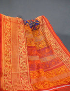 Vibrant Combination Of Ink Blue Kalamkaari Design Semi Chanderi Saree With Contrast Blouse By Gayathri Reddy Designer Studio | Grocsy