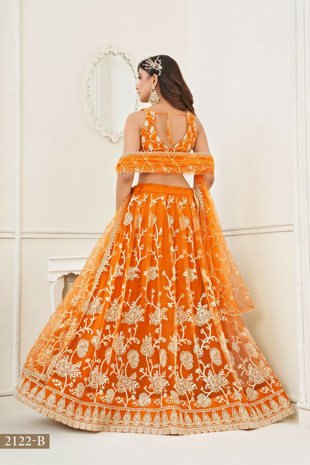 Eilara Women'S Orange Butterfly Net With Sequins And Embroidery Work Lehenga Choli For Wedding | Grocsy