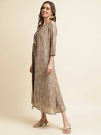Brown Cotton Solid Flared Dress with Printed Shrug - Yukti | Grocsy