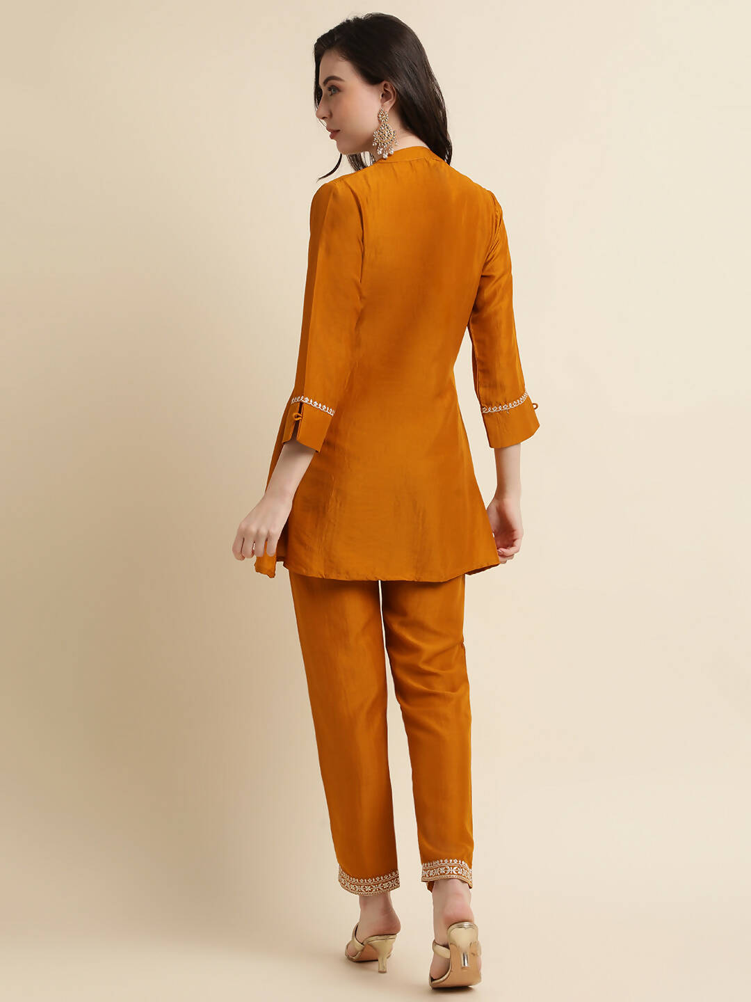 Mustard Chinon Floral Embroidered Top with Bottom - Maanushi | Grocsy