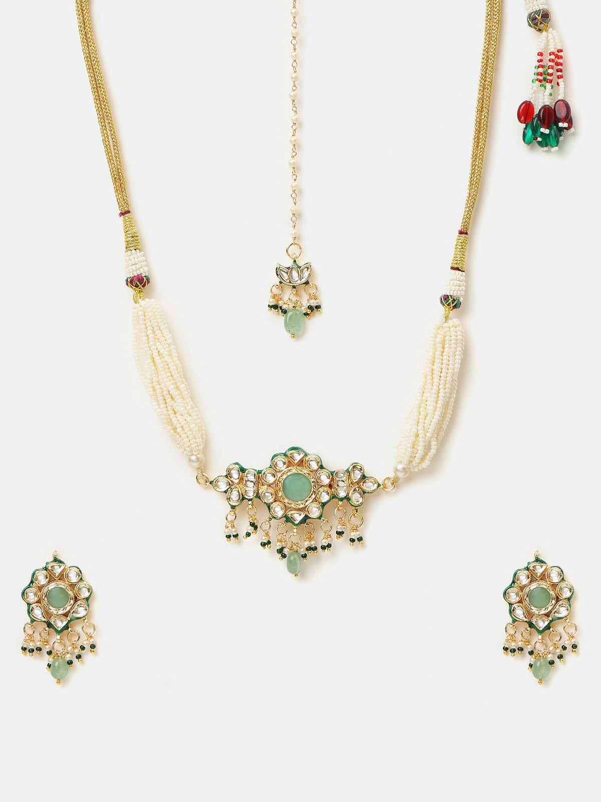Ruby Raang Green-Gold Kundan Neck Piece With Matching Earrings And Maang Tikka | Grocsy