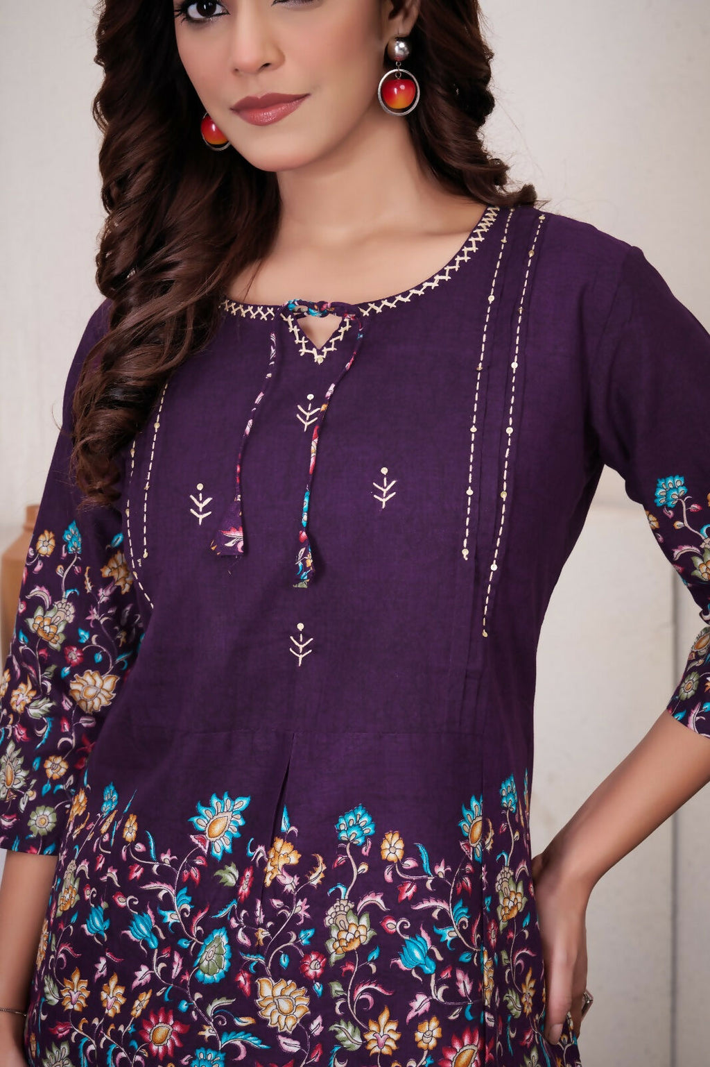 Teeya Creation Wine Floral Printed Short Kurta With Straight Pants Co-Ord Set | Grocsy
