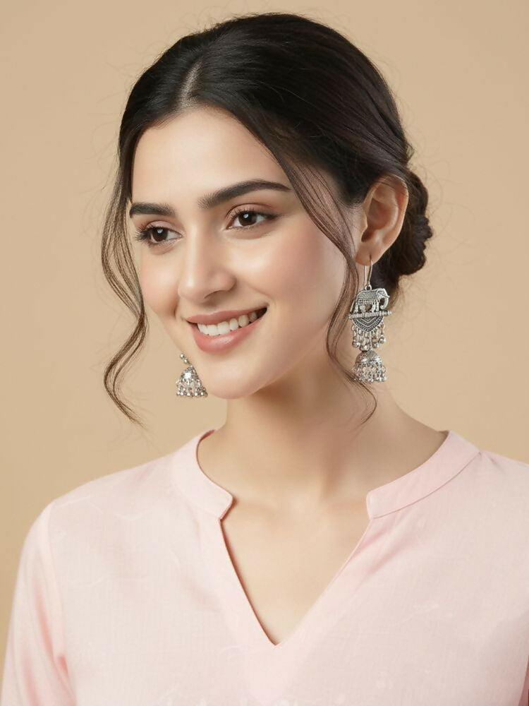 NVR Women Elephant Design German Silver Oxidised Jhumka Earrings | Grocsy