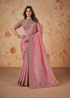 Pink Banarasi Crush Silk Thread, Sequence, Cord and jari Embroidered with Stone Work Saree - Mohmanthan Dakshika | Grocsy