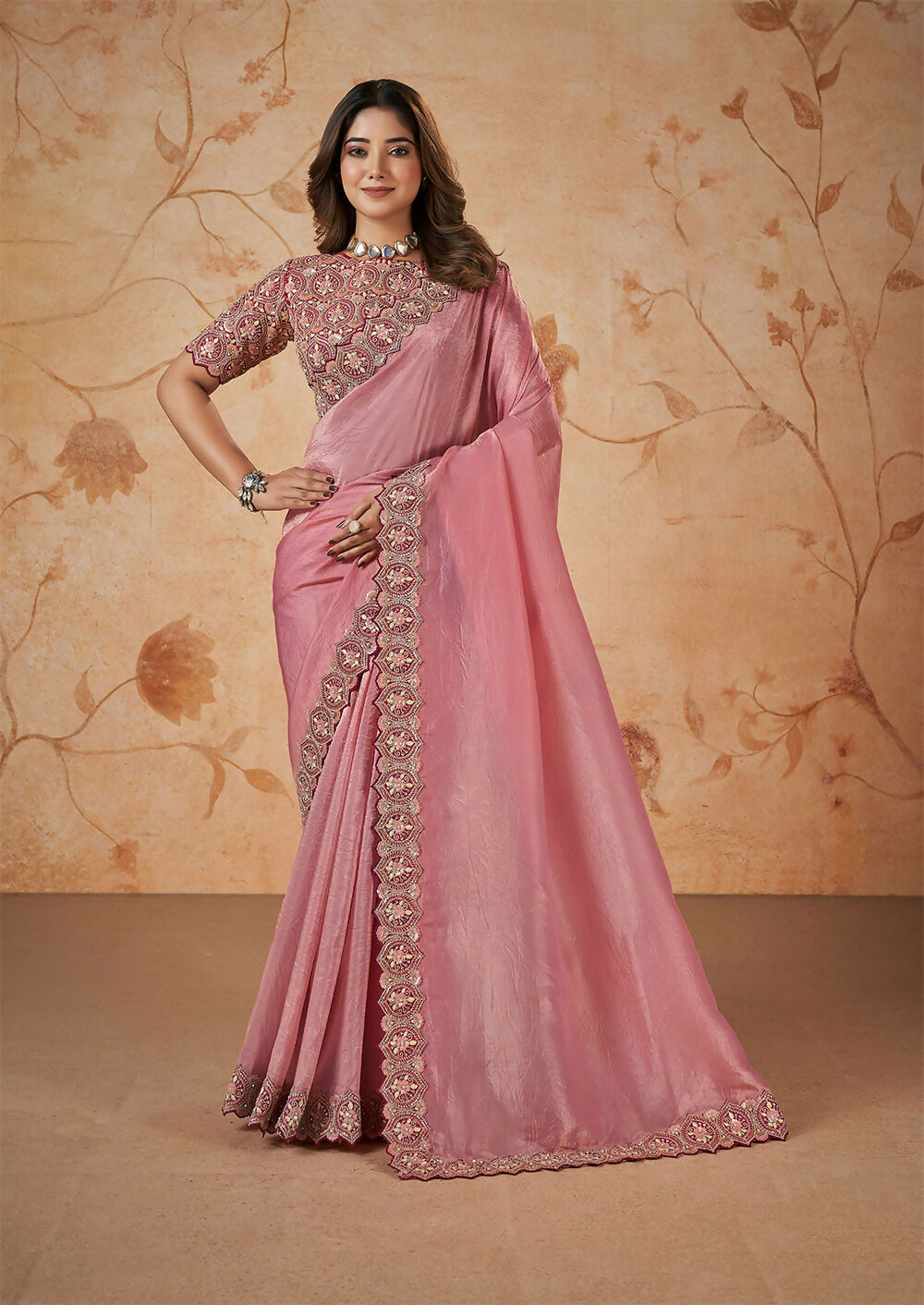 Pink Banarasi Crush Silk Thread, Sequence, Cord and jari Embroidered with Stone Work Saree - Mohmanthan Dakshika | Grocsy