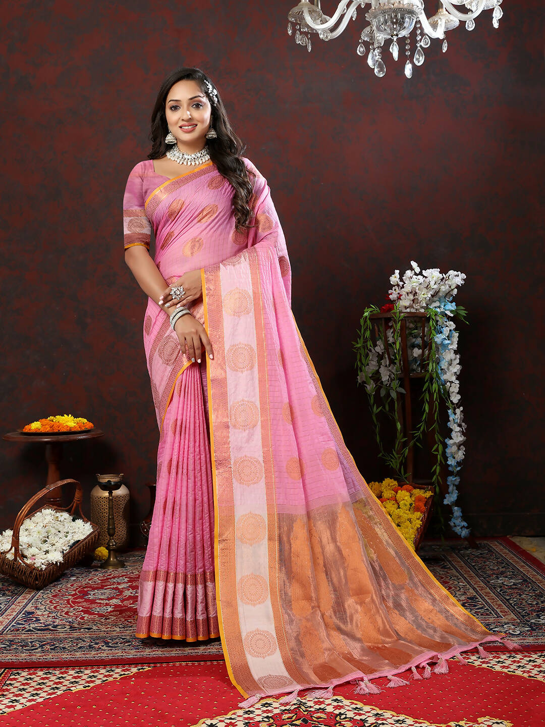 Lorenvalley Fashion Pink Cotton with Woven Design Zari Weaving Saree | Grocsy