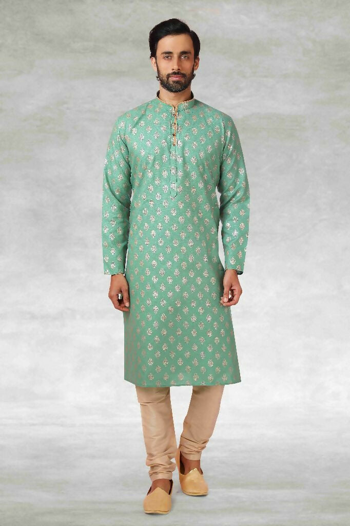 Raivat Ethnic Cotton Printed Work Kurta Pajama In Green Colour | Grocsy