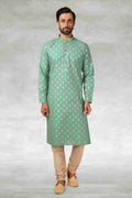Raivat Ethnic Cotton Printed Work Kurta Pajama In Green Colour | Grocsy