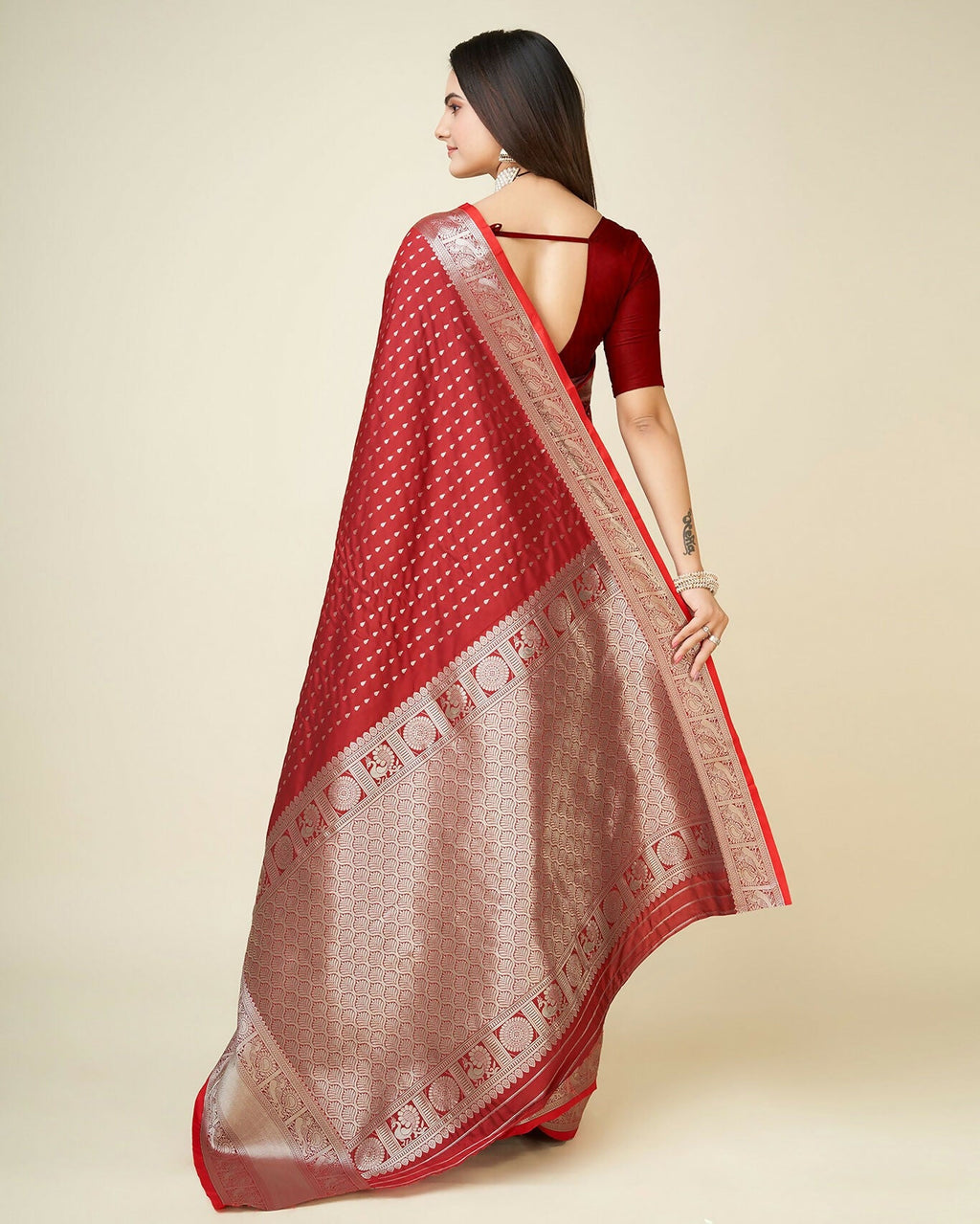 Joban Fashion Red Small Butti Banarasi Silk Sarees | Grocsy