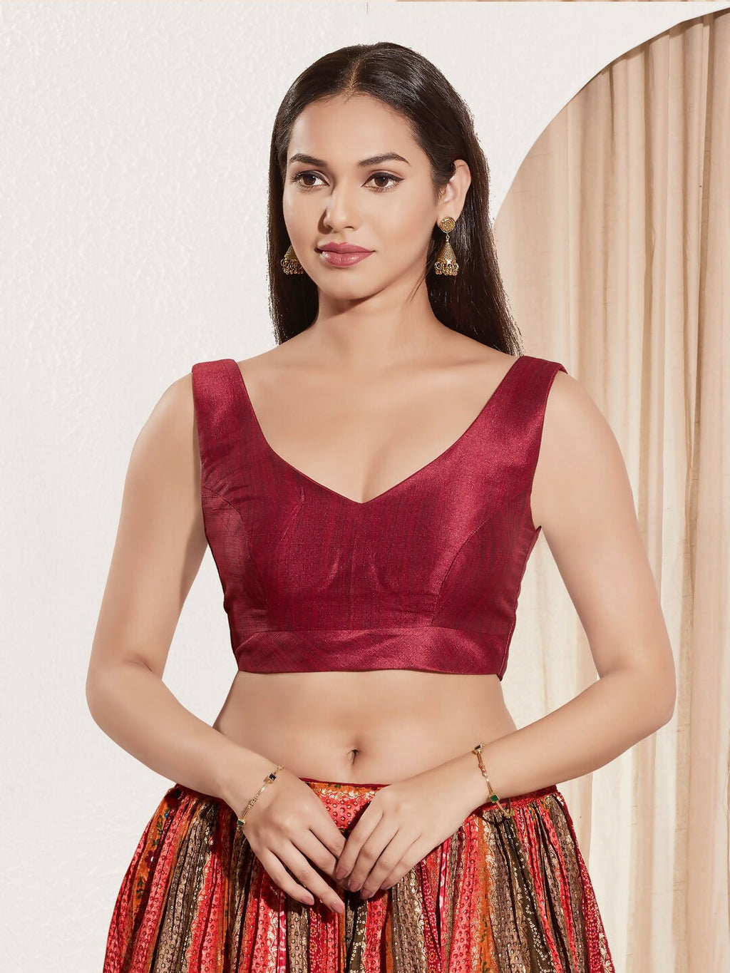 Joban Fashion Dark Maroon Mulberry Silk Padded Blouse With Round Neck Sleeveless | Grocsy