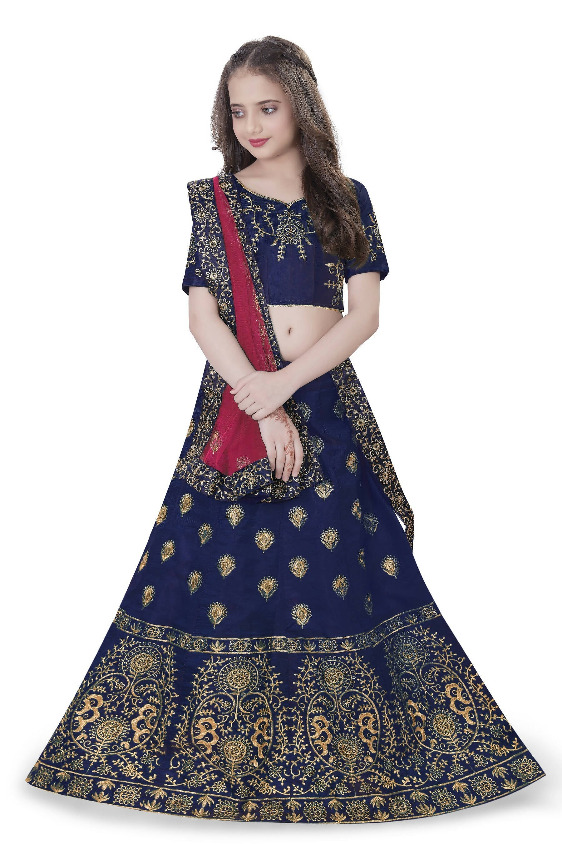 Dwiden Navy Blue Gulab Tafetta Sattin Semi-Stitched Girl's Lehenga Choli | Grocsy