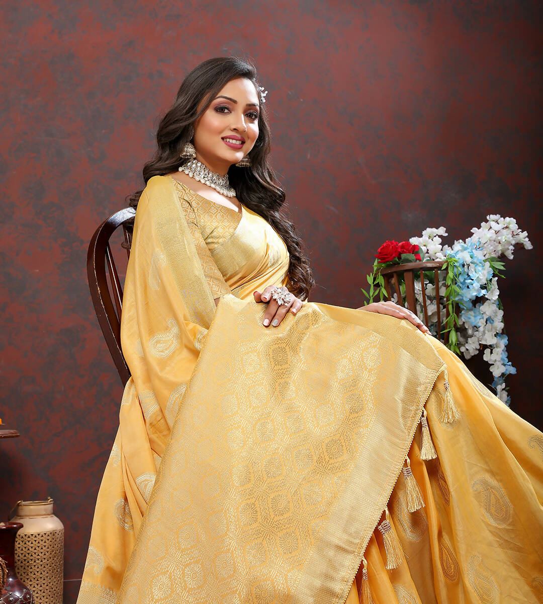Lorenvalley Fashion Gold Cotton Woven Design with Zari Weaving Design Saree | Grocsy