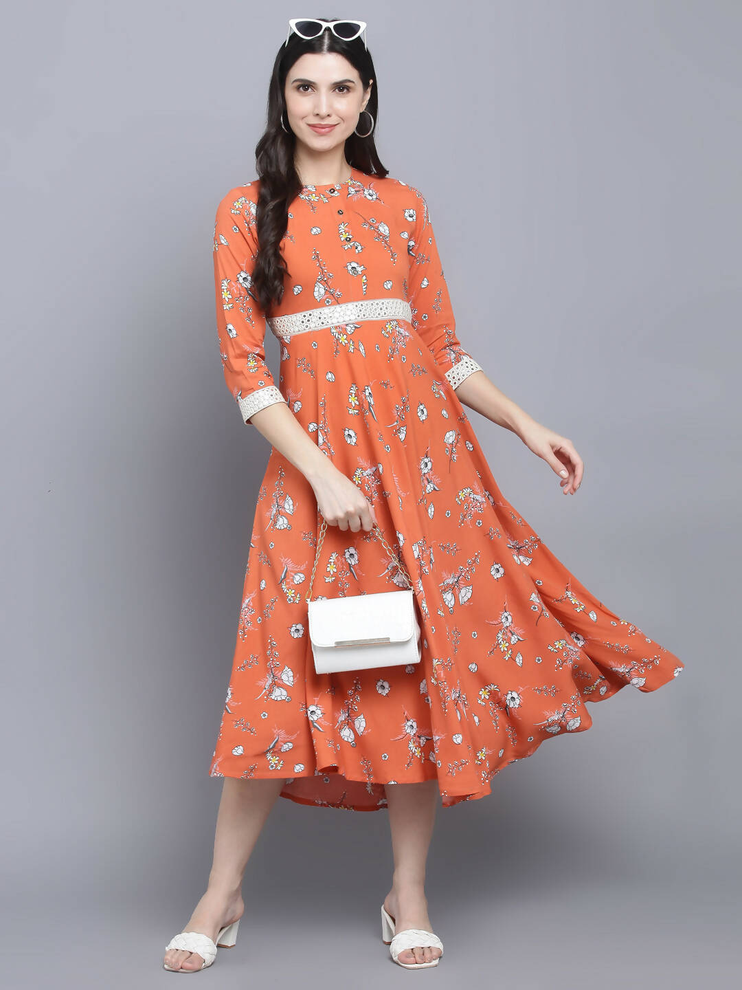 Myshka Women's Orange Floral Midi Dress | Grocsy