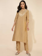 Janasya Women's Gold Crepe Silk Yoke Embroidery Festive Straight Kurta Set | Grocsy