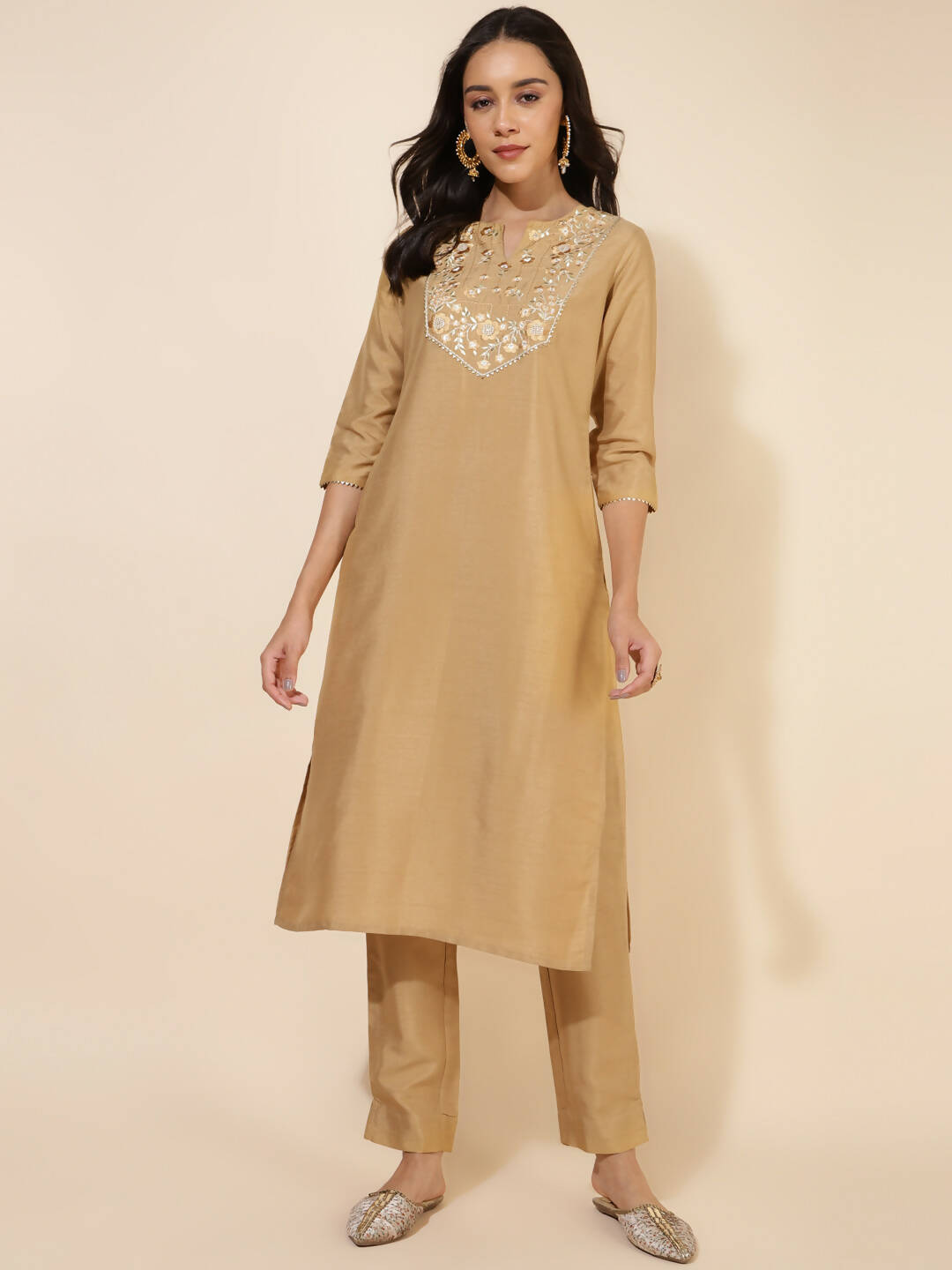 Janasya Women's Gold Crepe Silk Yoke Embroidery Festive Straight Kurta Set | Grocsy