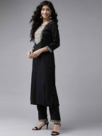 Yufta Women Black & Beige Yoke Design Kurta with Trouser & Dupatta | Grocsy