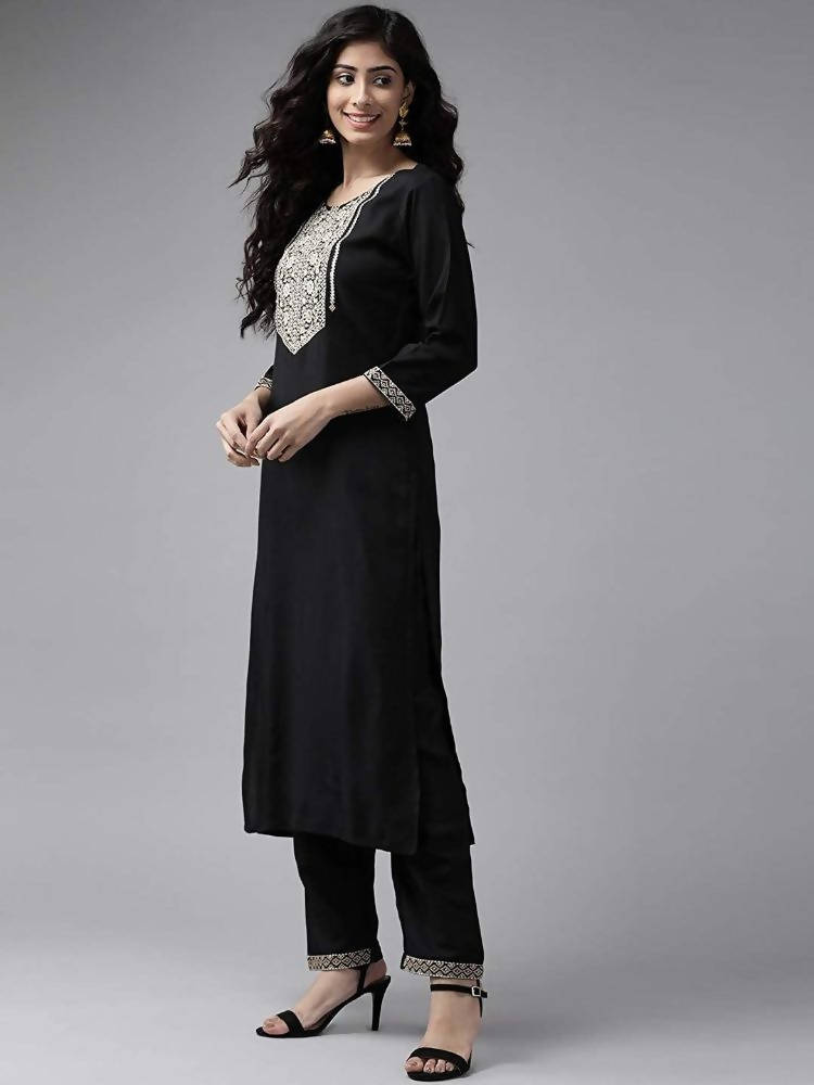 Yufta Women Black & Beige Yoke Design Kurta with Trouser & Dupatta | Grocsy