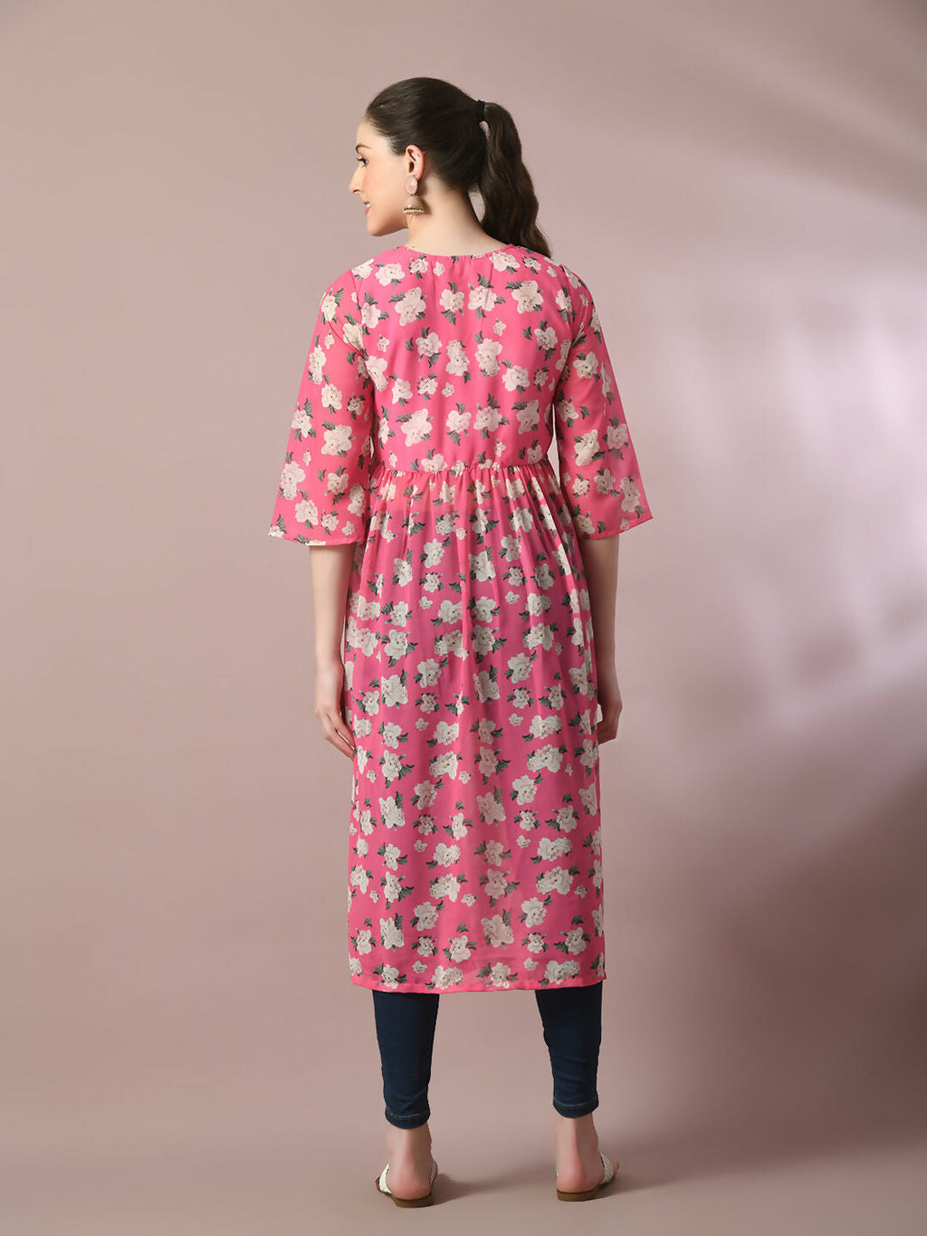 Myshka Women's Pink Printed Georgette A-Line Nyra-cut Kurta | Grocsy