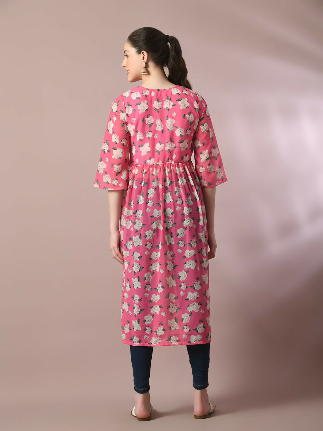 Myshka Women's Pink Printed Georgette A-Line Nyra-cut Kurta | Grocsy