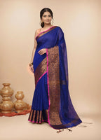 Joban Fashion Deep Navy Blue Cotton Blend Handloom Saree | Grocsy