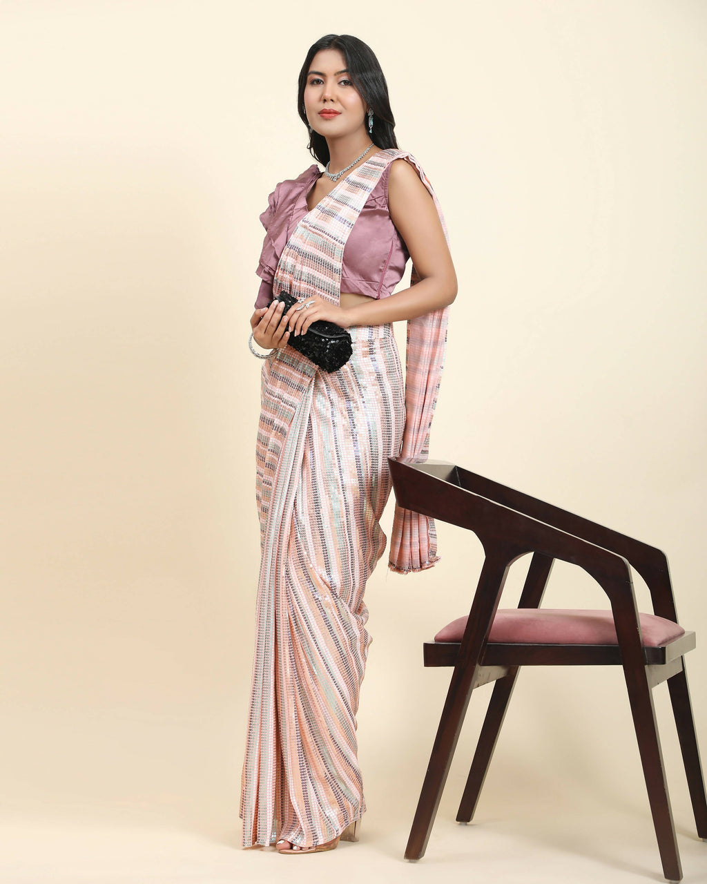 Peach Pure Georgette Sequence work Ready to wear Saree with stitched Blouse - Satiksha | Grocsy