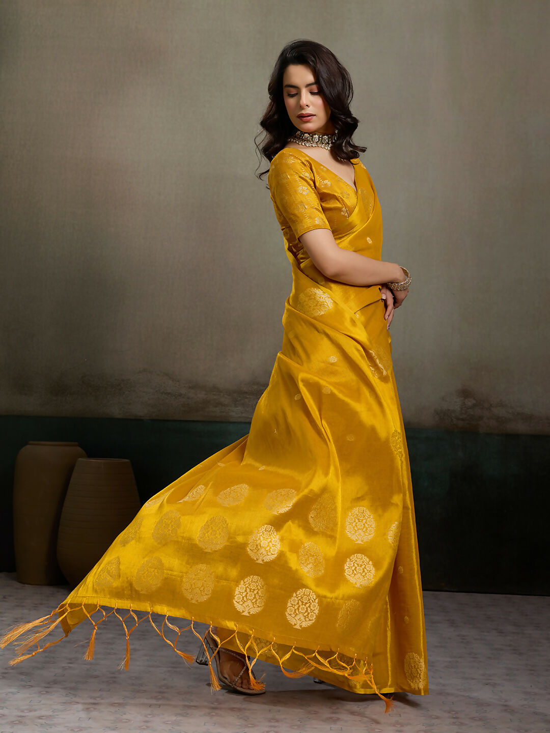 Shree Shyam Fashion Mustard Yellow Tissue Silk Saree | Grocsy