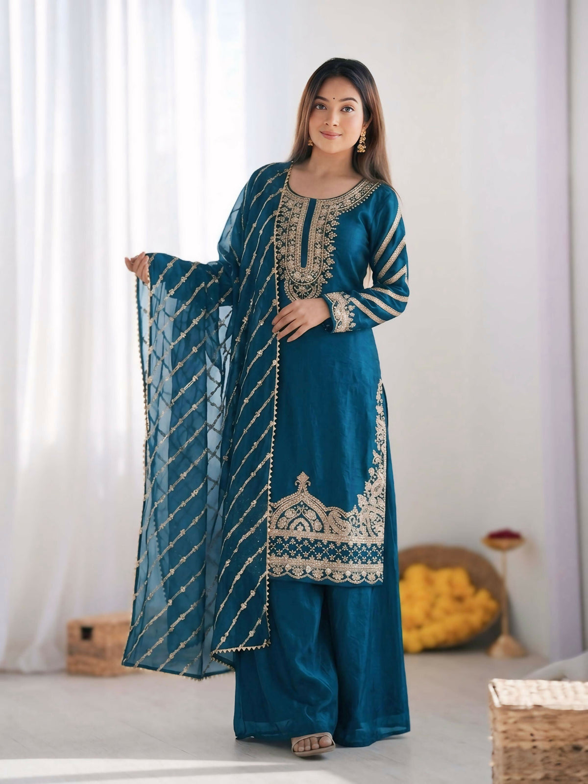 Teeya Creation New latest Trendy Embroidery Beads Work Kurta Sharara Set - Blue | Grocsy