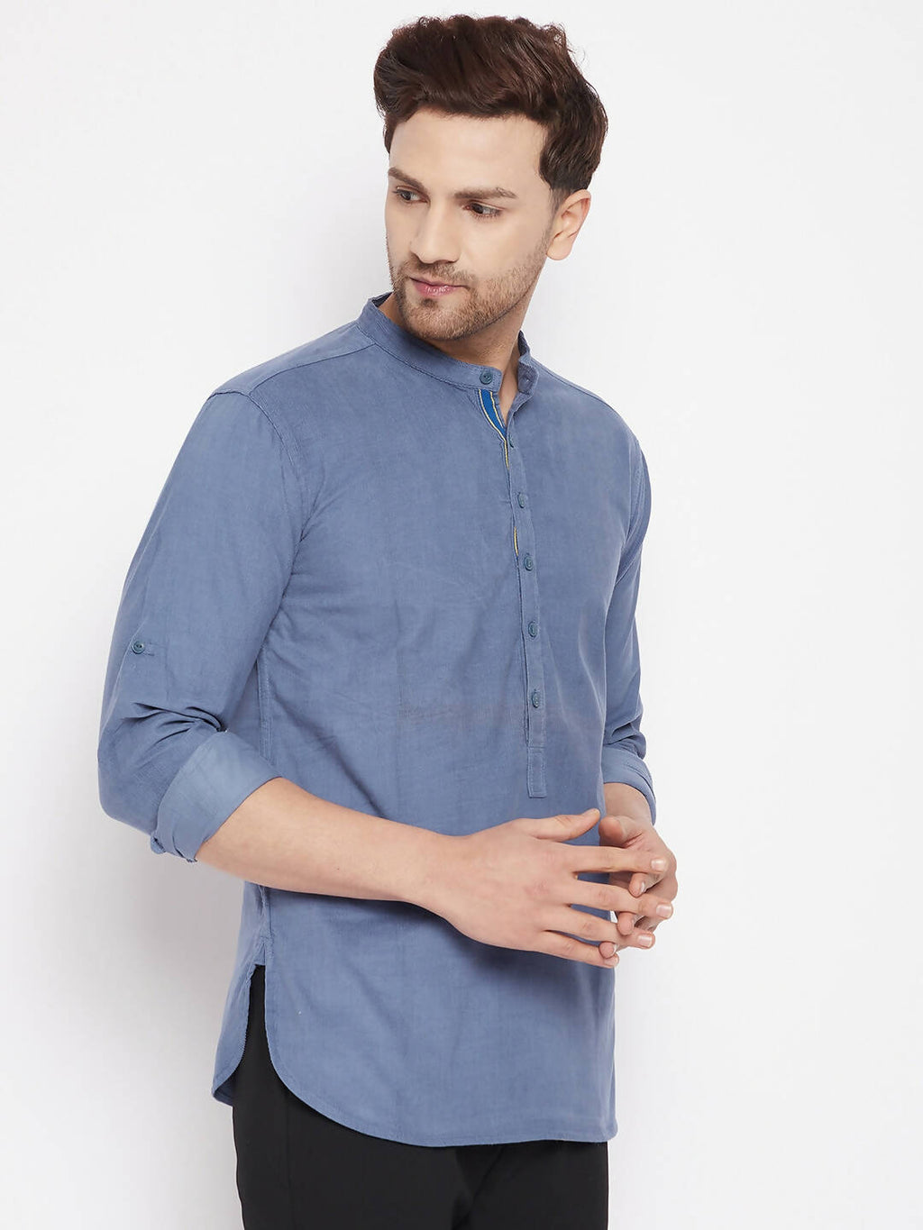 Even Apparels Blue Color Pure Cotton Short Men's Kurta With Band Collar | Grocsy
