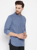 Even Apparels Blue Color Pure Cotton Short Men's Kurta With Band Collar | Grocsy