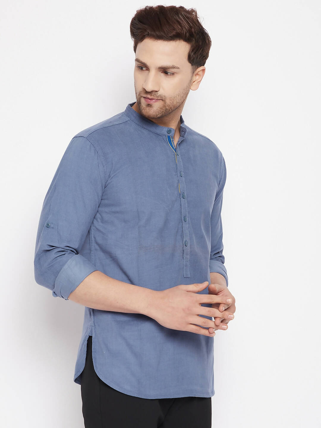 Even Apparels Blue Color Pure Cotton Short Men's Kurta With Band Collar | Grocsy