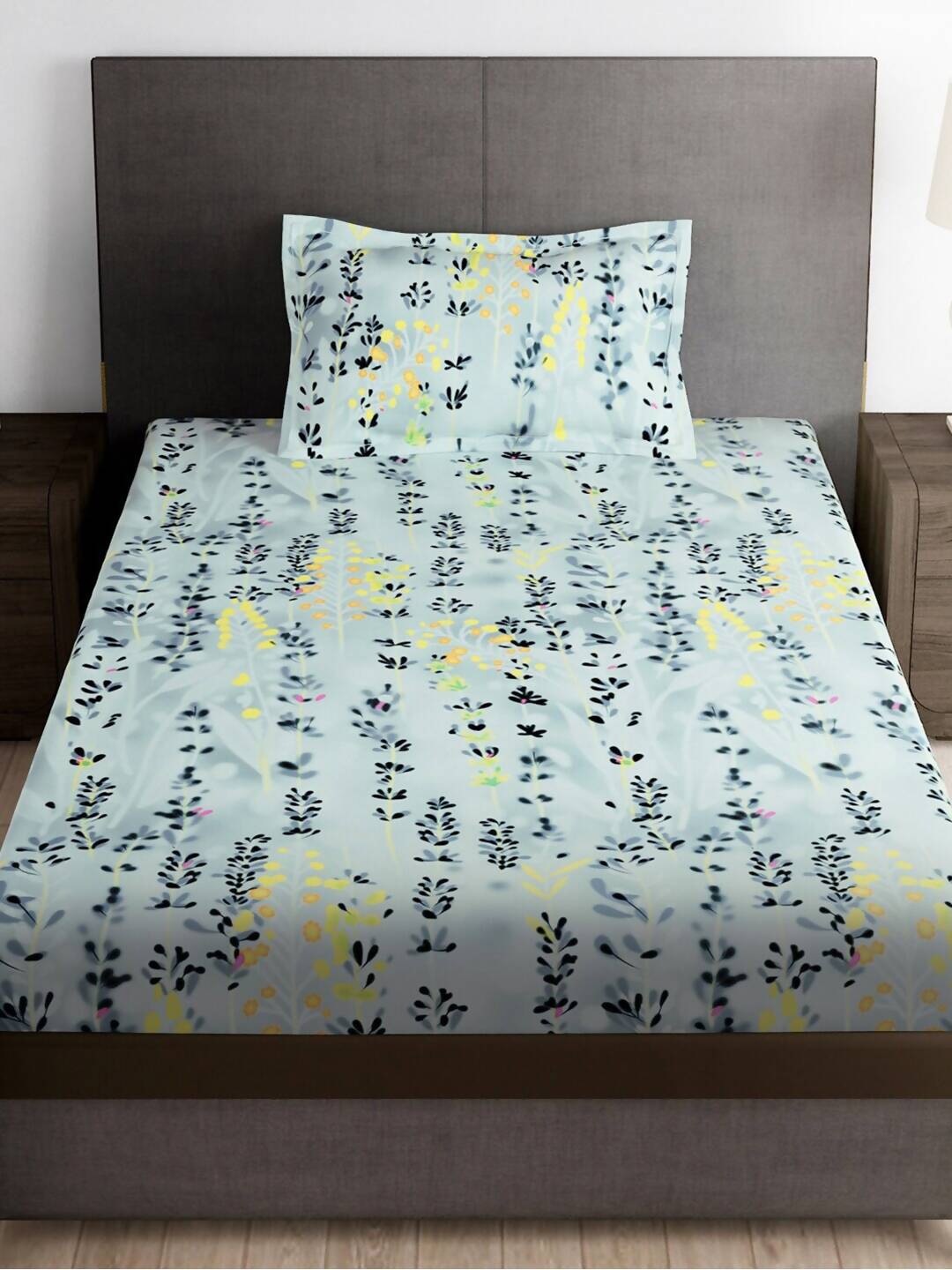 Story@home Arena Grey & Blue Floral Printed 180 TC Bedsheet & Pillow Covers | Grocsy