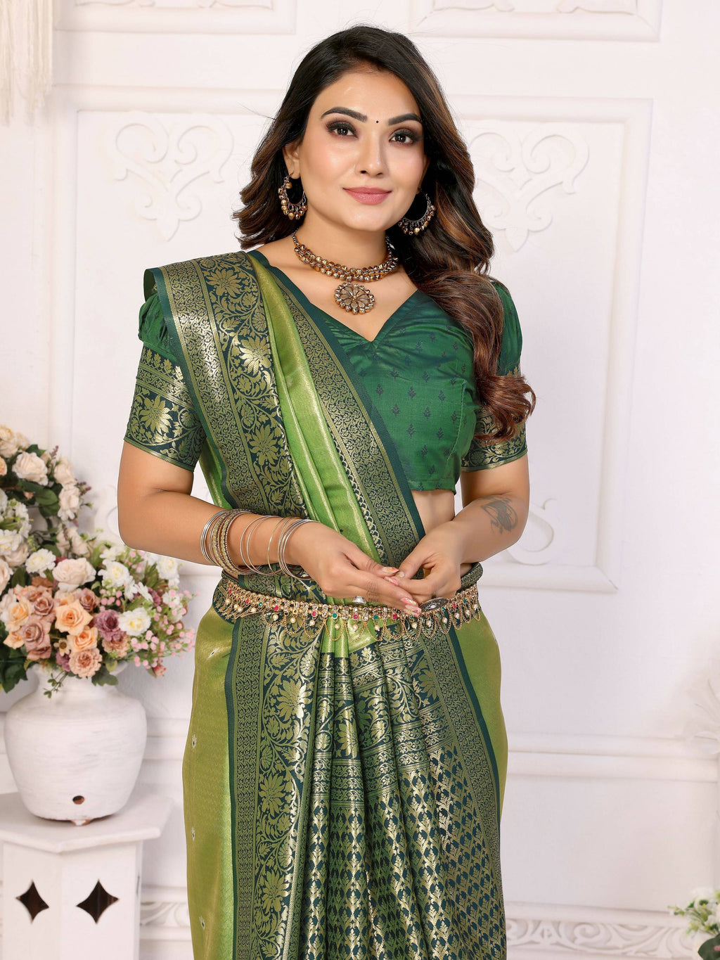 Aastha Fashion Pista Tissue Silk Weaving Saree | Grocsy