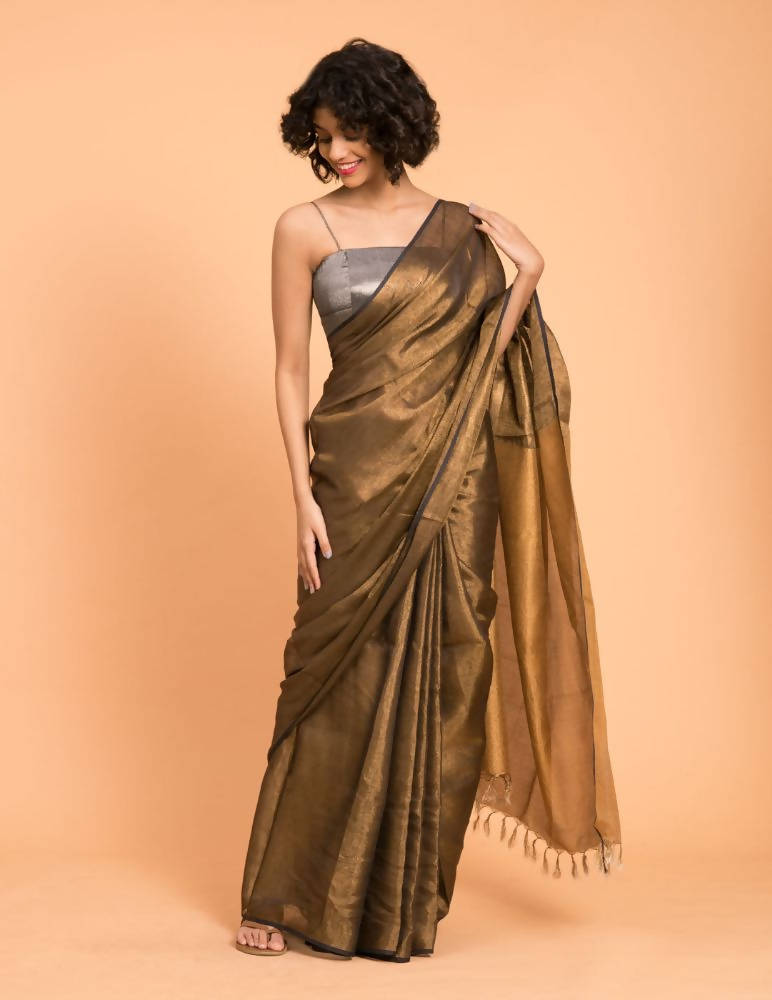 Suta Black Gold Woven Design Zari Pure Linen Saree | Grocsy