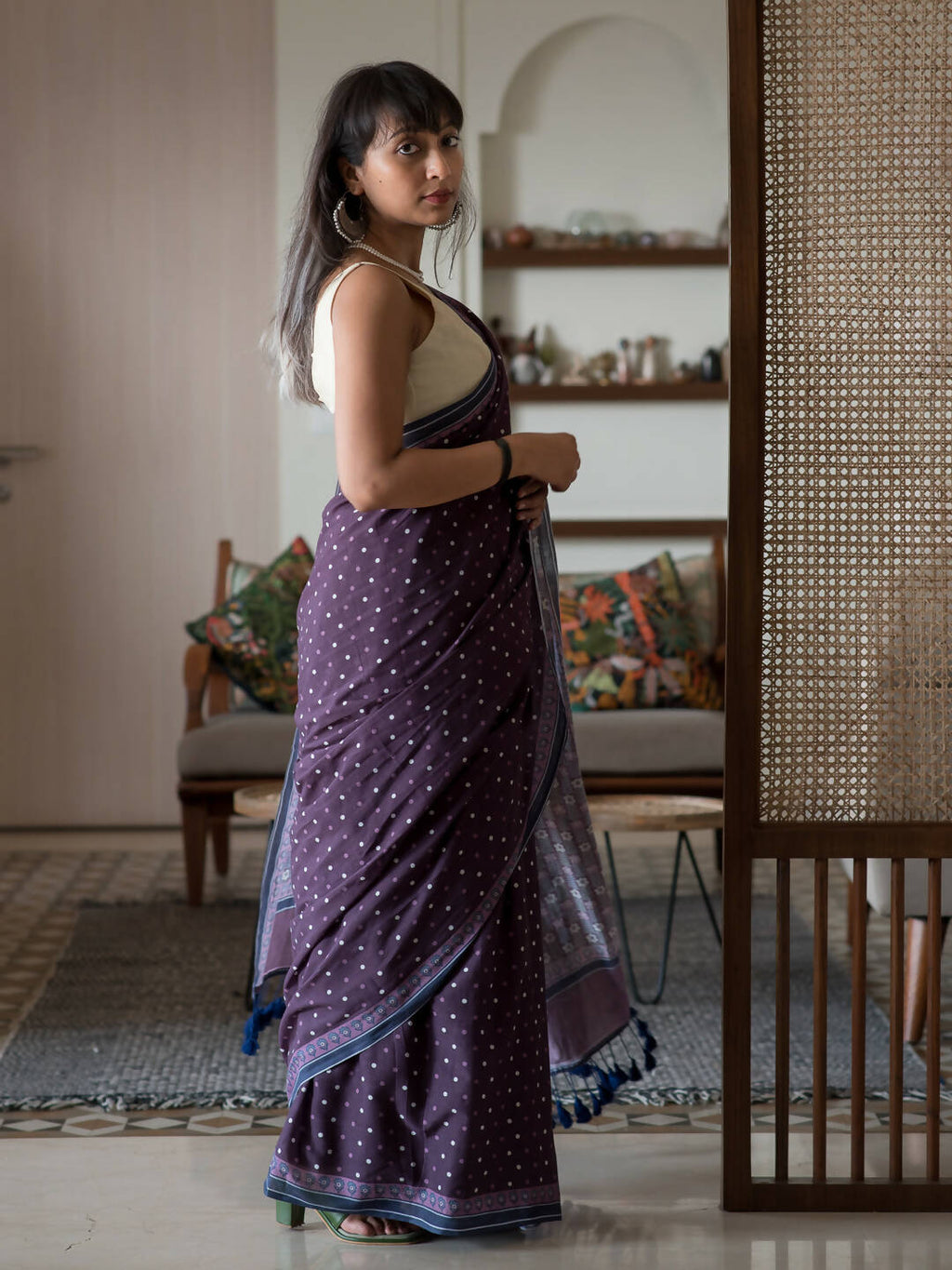 Suta Purple Polka Dots Pure Cotton Saree | Grocsy