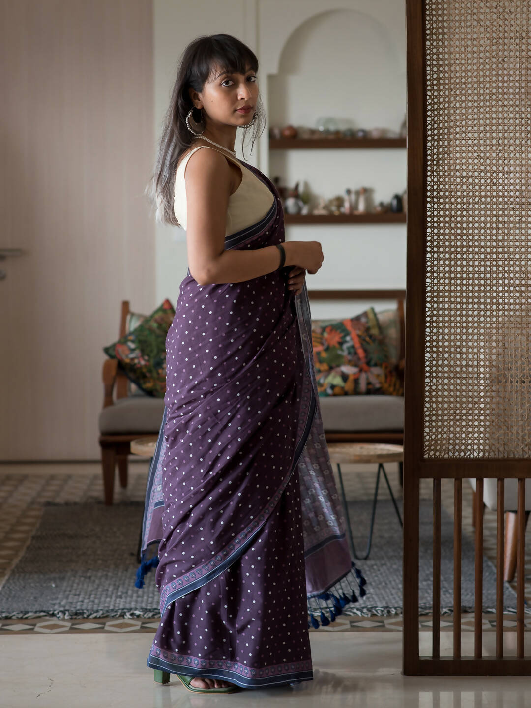 Suta Purple Polka Dots Pure Cotton Saree | Grocsy