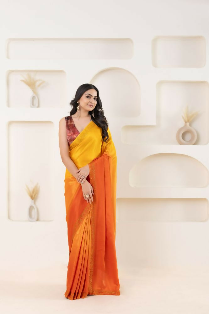 Yellow Satin Pedding Designer, Printed Party Wear Ready To Wear Saree - Femina | Grocsy