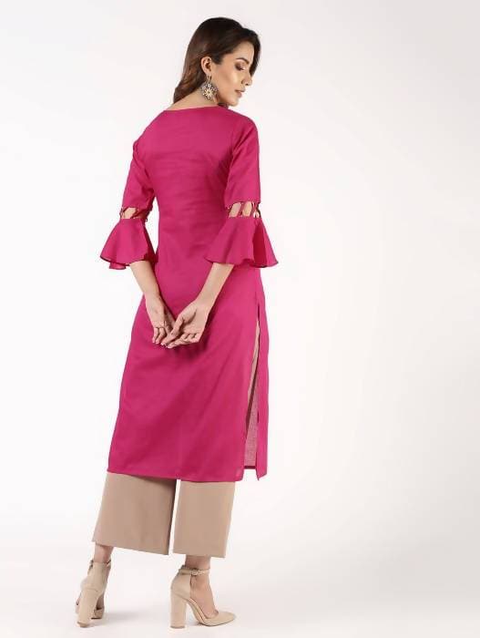 Aniyah Cotton Criss Cross Bell Sleeves Magenta Straight Kurta (AN-144K) | Grocsy